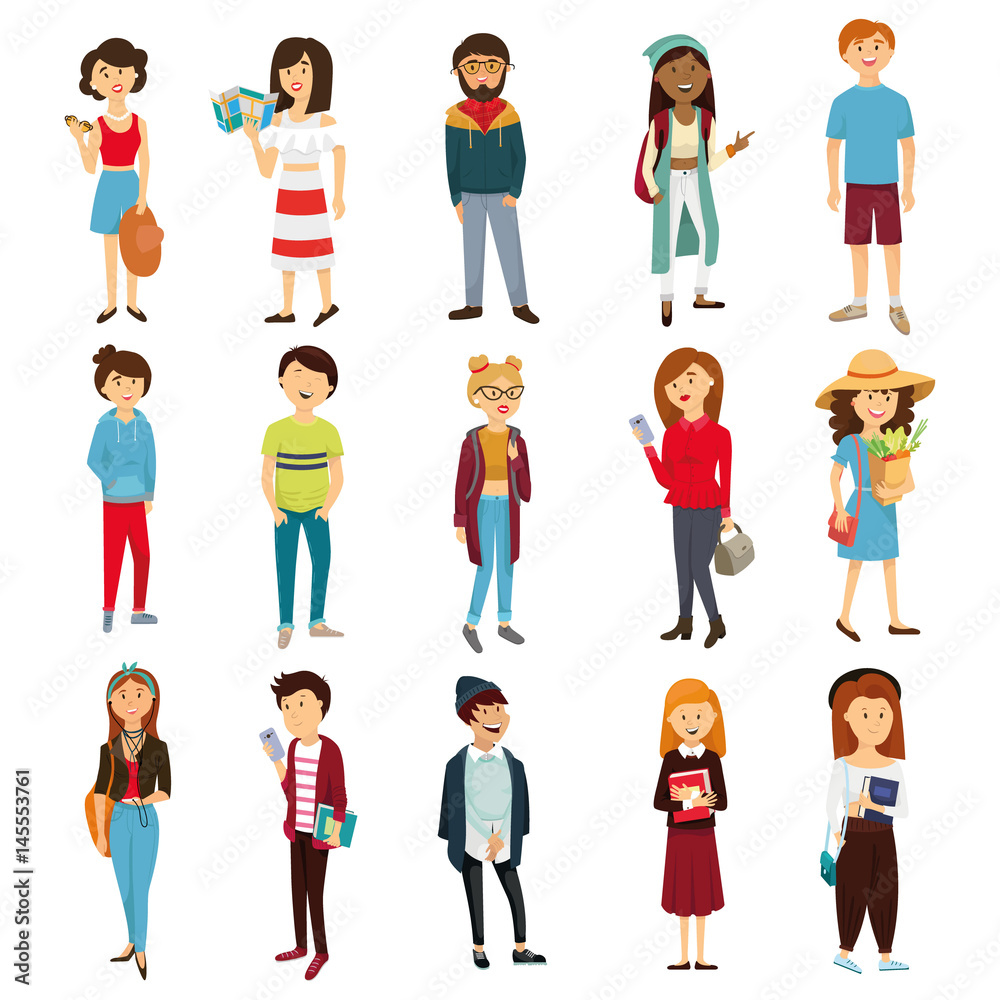 Set of young people, teenagers, students, fashion, trend, vector