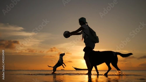 Beautiful Girl Playing with Jack Russell Dog with a Ball at Beach During Amazing Sunset. Koh Phangan, Thailand. HD Slowmotion.