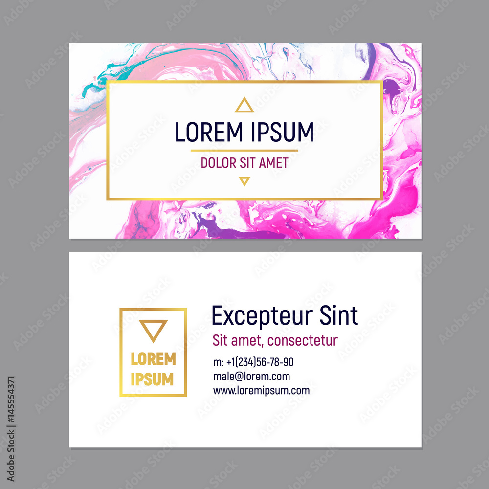Business Card Template with Marble Texture on White Background. Vector illustration Golden Frame.