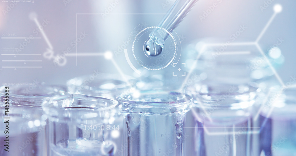 In a futuristic laboratory, a scientist with a pipette analyzes a colored liquid to extract the DNA and molecules in the test tubes.Concept:research,biochemistry,immersive technology,augmented reality In a futuristic laboratory, a scientist with a pipette analyzes a colored liquid to extract the DNA and molecules in the test tubes.Concept:research,biochemistry,immersive technology,augmented reality