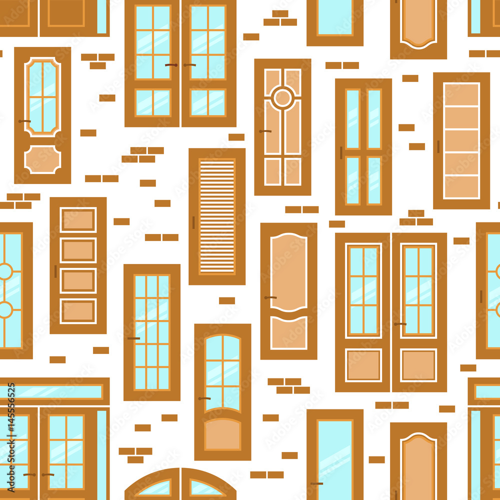 Vector doors design seamless pattern. Modern and classic flat enterance collection. Interior doorway illustration. Elegant wood passage construction. Black and white style isolated