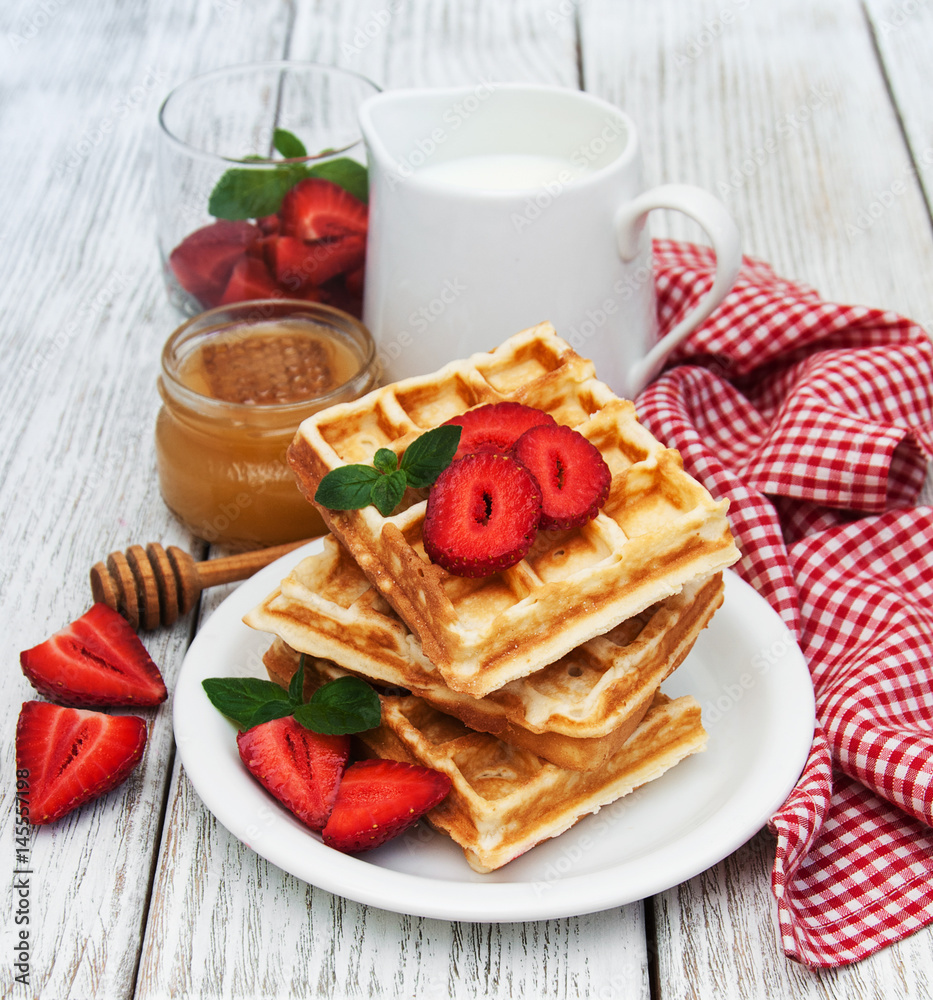 belgian waffles with strawberries and mint belgian waffles with strawberries and mint