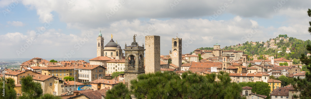 Bergamo - Old city, Italy. Landscape on the city center, the group of old towers from the old fortress