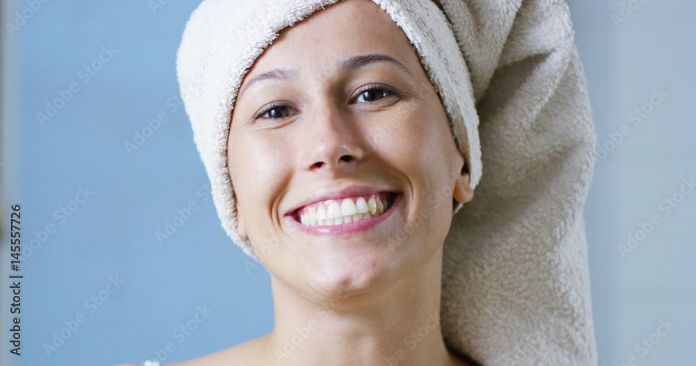 A Girl Over The Shower Brushing Teeth With A Toothbrush And Toothpaste