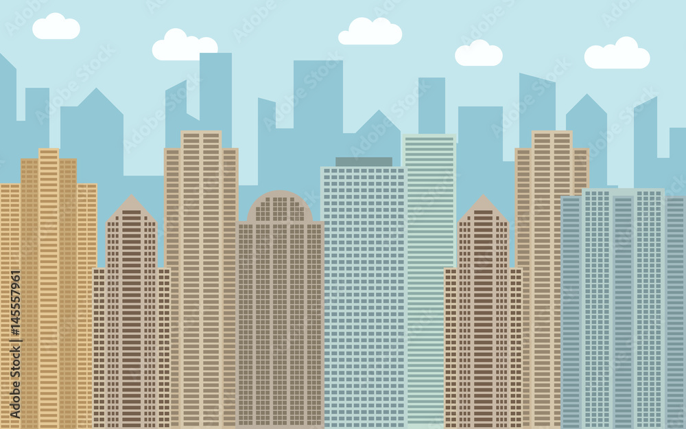 Vector urban landscape illustration. Street view with cityscape, skyscrapers and modern buildings at sunny day. City space in flat style background concept.
