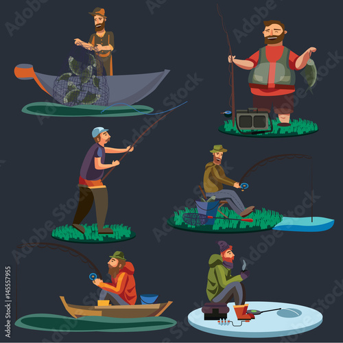Fisherman catches fish sitting on boat and off shore,fisher threw fishing rod into water, happy fishman holds catch and spin, man pulls net out of the water, fishing on ice icon vector illustration