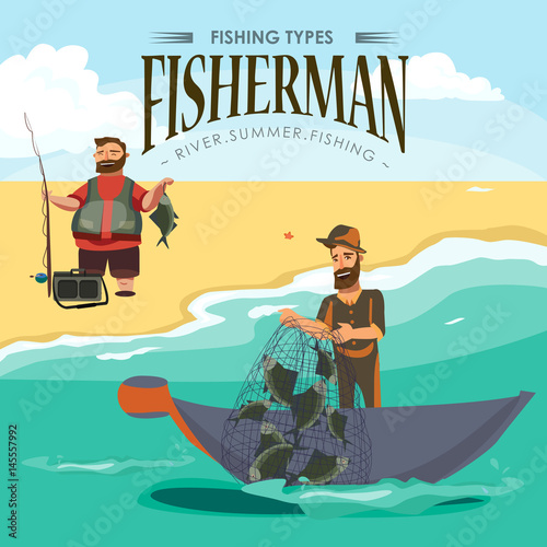 Cartoon fisherman standing in hat and pulls net on boat out of sea, happy fishman holds fish catch and spin vecor illustration fisher threw fishing rod into water concept, man active hobby character