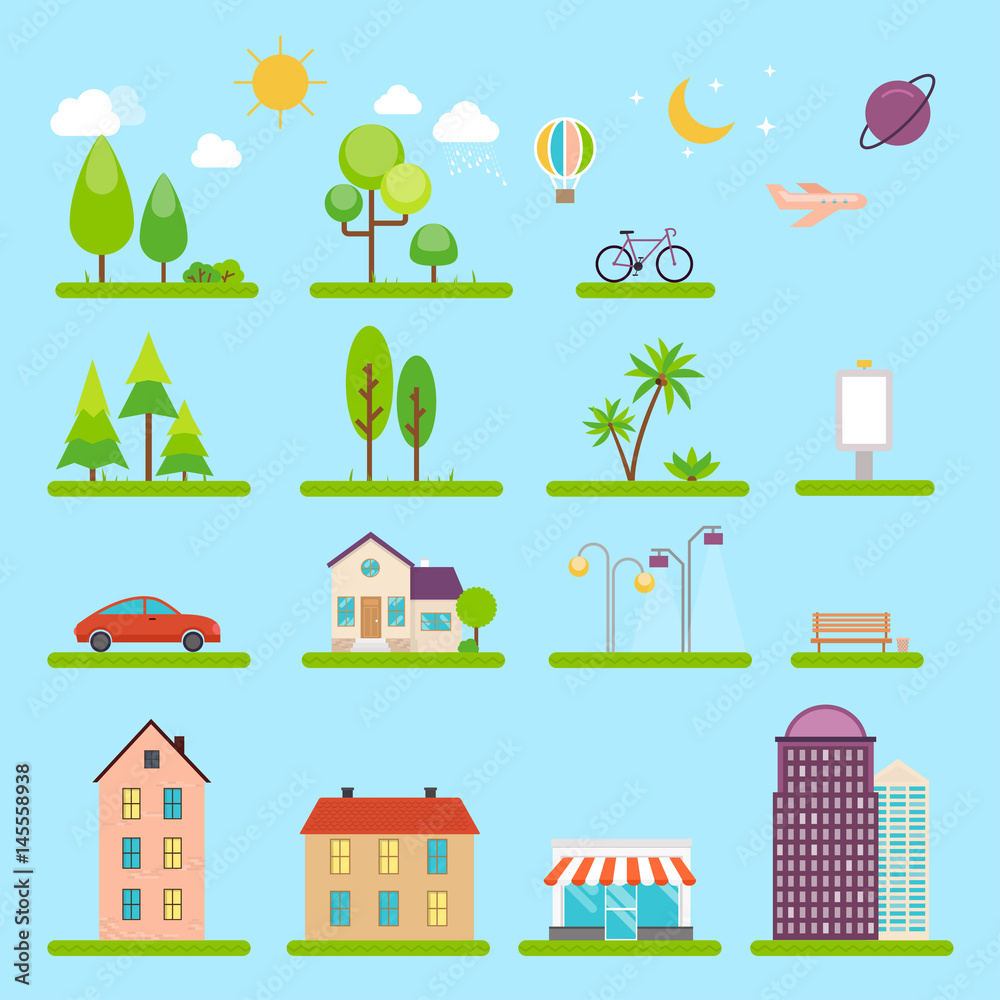 Vector city illustration in flat style. Icons and illustrations with buildings, houses and architecture signs. Ideal for business web publications, graphic design. Flat style vector illustration. Vector city illustration in flat style. Icons and illustrations with buildings, houses and architecture signs. Ideal for business web publications, graphic design. Flat style vector illustration.