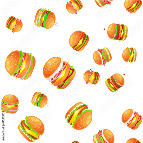 Seamless pattern tasty burger grilled beef and fresh vegetables dressed with sauce bun for snack, american hamburger fast food meal menu barbecue meat vecor illustration background