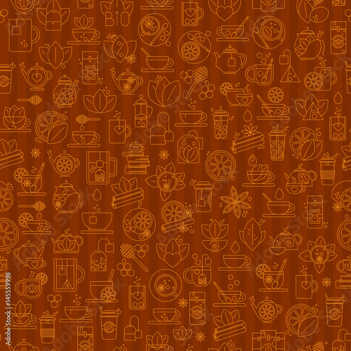 Tea seamless background with thin line icons - black tea pattern