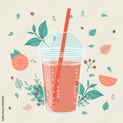 Smoothie design in hand drawn cartoon style. Vector illustration. Ice Tea or Soda Cocktail. Glass of drink with tubule closeup illustration decorated with oranges and berries. Can be used for menu.