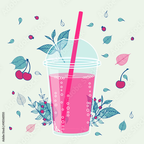 Smoothie design in hand drawn cartoon style. Vector illustration. Ice Tea or Soda Cocktail. Glass of drink with tubule closeup illustration decorated with fruits and berries. Can be used for menu.