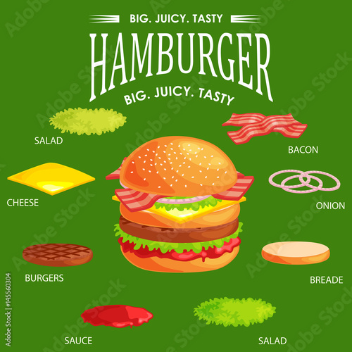 Set of burger grilled beef vegetables dressed with sauce bun snack, hamburger fast food meal menu barbecue meat with detailed individual flying slices menu ingredients vecor illustration background