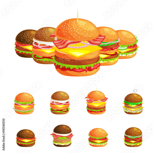 Set of tasty burgers grilled beef and fresh vegetables dressed with sauce bun for snack, american hamburger fast food meal French fries with cold soda brown ice drink vecor illustration background