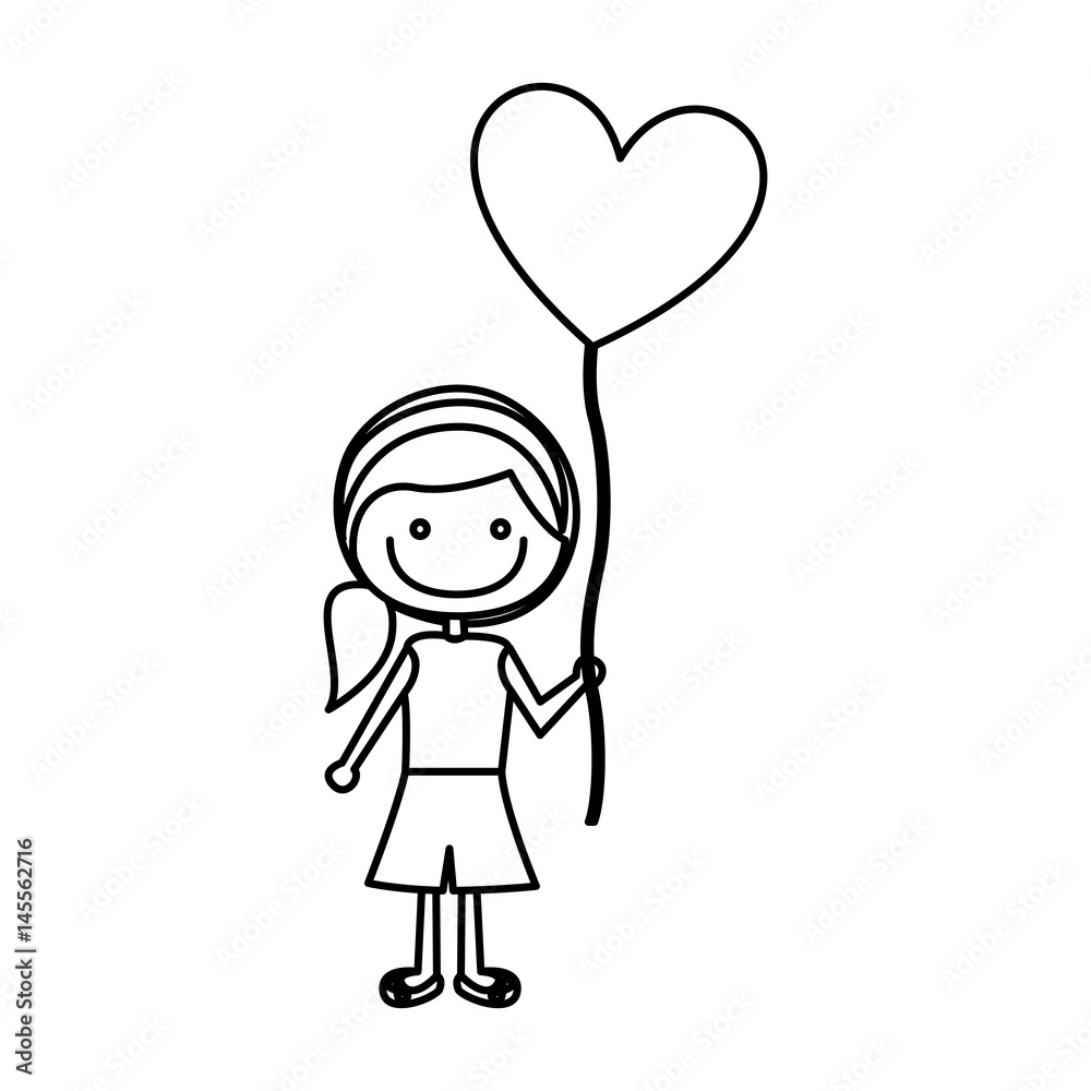 monochrome contour of caricature of smiling girl with short pants and ponytail hair and balloon in shape of heart vector illustration monochrome contour of caricature of smiling girl with short pants and ponytail hair and balloon in shape of heart vector illustration