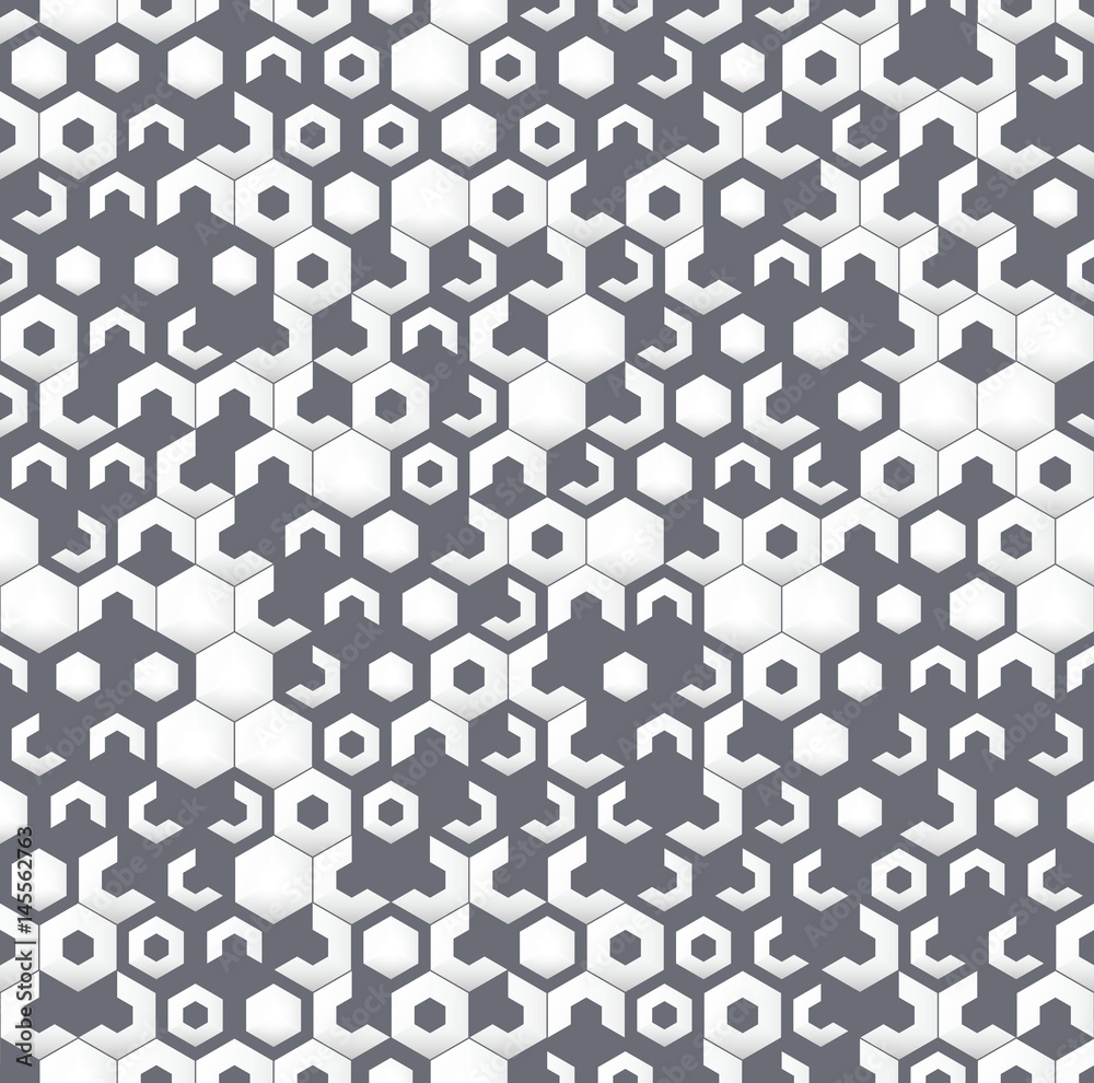 Gray irregular geometric seamless pattern with hexagons. Gray irregular geometric seamless pattern with hexagons.