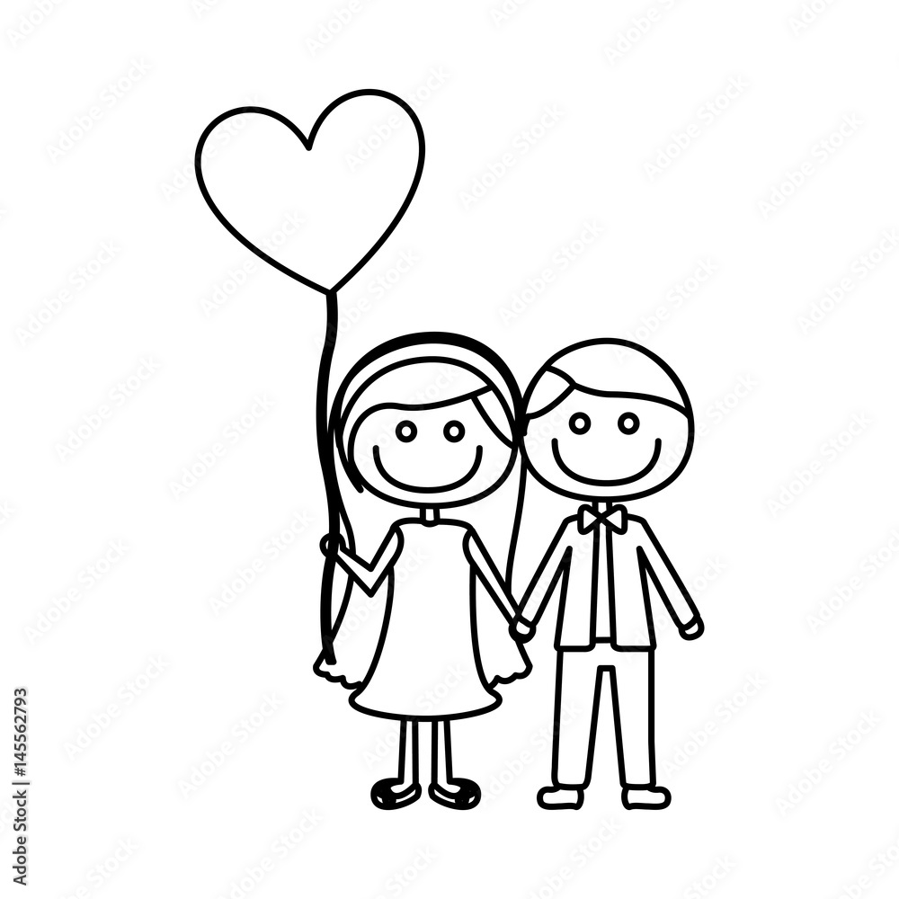 monochrome contour of caricature of couple him in formal suit and her in dress with balloon in shape of heart vector illustration monochrome contour of caricature of couple him in formal suit and her in dress with balloon in shape of heart vector illustration