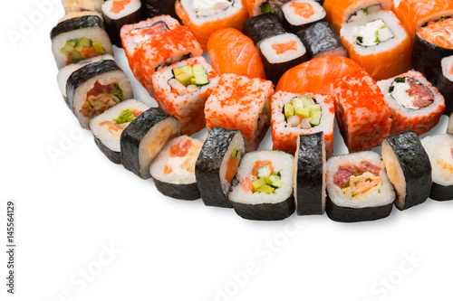 Set of sushi, maki and rolls isolated on white