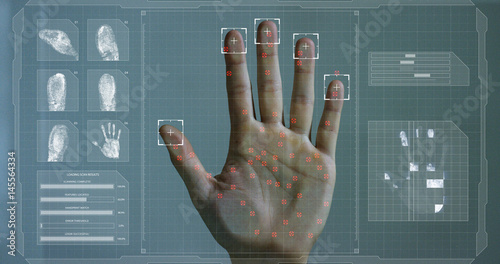 businessman scan fingerprint biometric identity and approval. concept of the future of security and password control through fingerprints in an immersive technology future and cybernetic, business photo