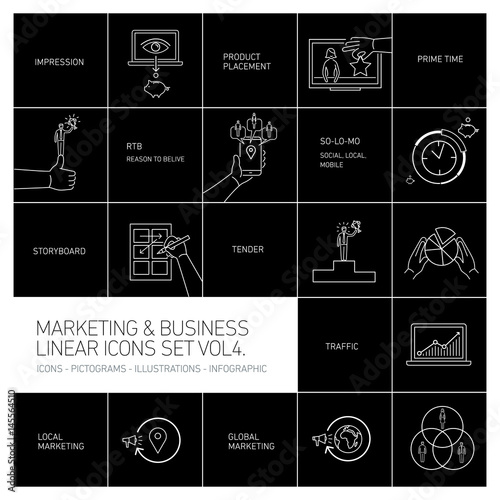 marketing and business icons set volume four | flat design linear illustration and infographic white isolated on black background