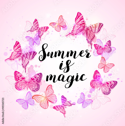 Summer background with pink butterflies