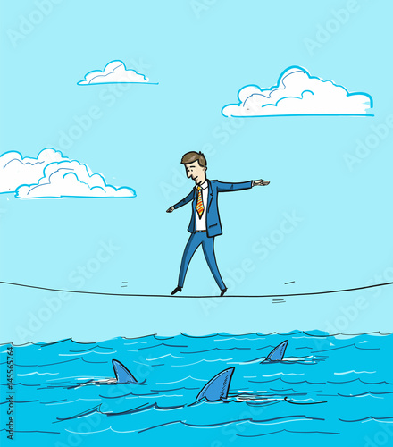 challenge - conceptual vector illustration of businessman balancing on rope over the water with sharks