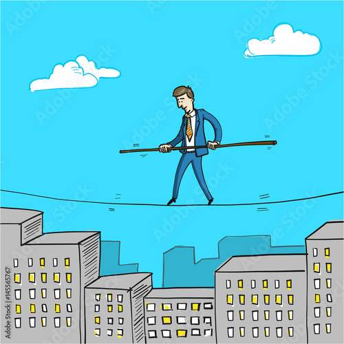 challenge and courage - conceptual vector illustration of businessman balancing on rope over cityscape with office buildings