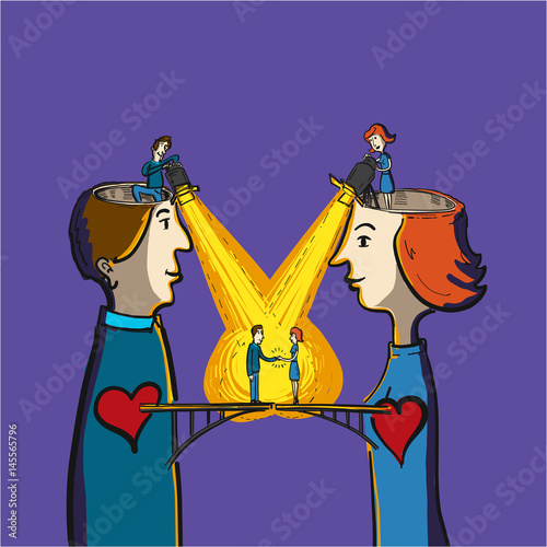 empathy and understanding between human being - conceptual vector illustration of bridge between heart of man and woman