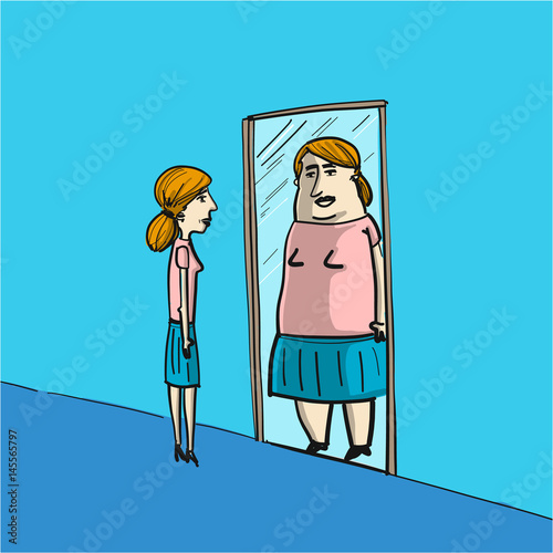 distorted self image - conceptual vector illustration of woman in front of mirror