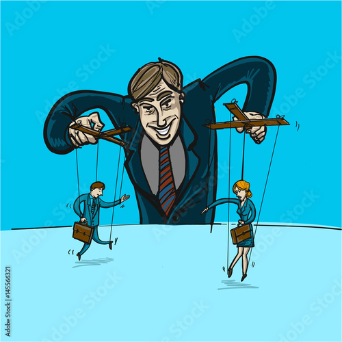 businessman playing with man and woman on strings like marionette - conceptual vector illustration of leadership or manipulation