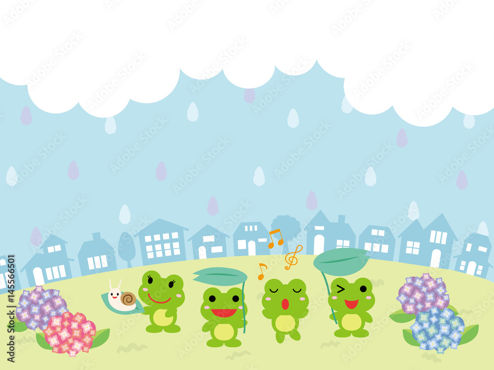 梅雨の日の街並みとカエル 梅雨の日の街並みとカエル