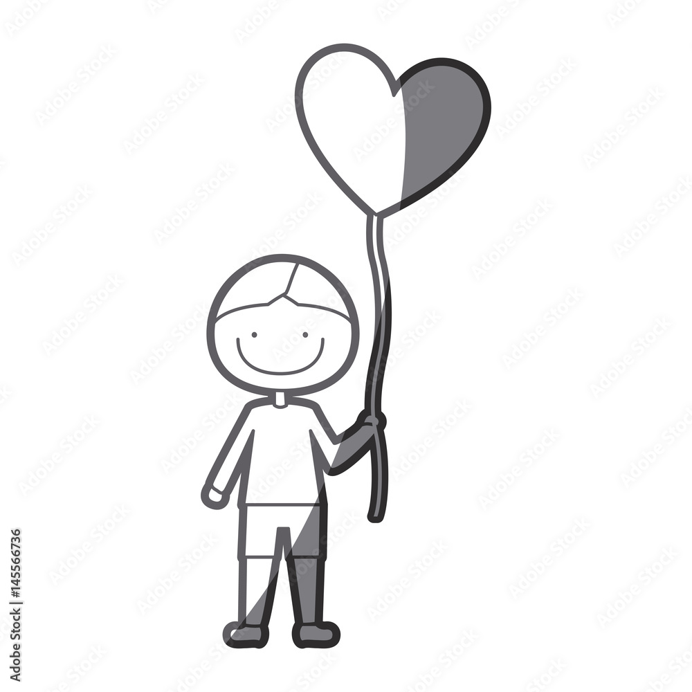 grayscale silhouette of caricature smiling kid with t-shirt and short pants with balloon in shape of heart vector illustration grayscale silhouette of caricature smiling kid with t-shirt and short pants with balloon in shape of heart vector illustration