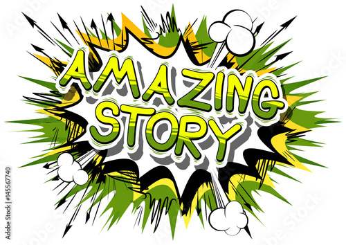 Amazing Story - Comic book style word on abstract background.