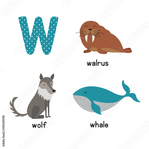 Cute Animal Zoo Alphabet. Letter W for wolf, whale, walrus