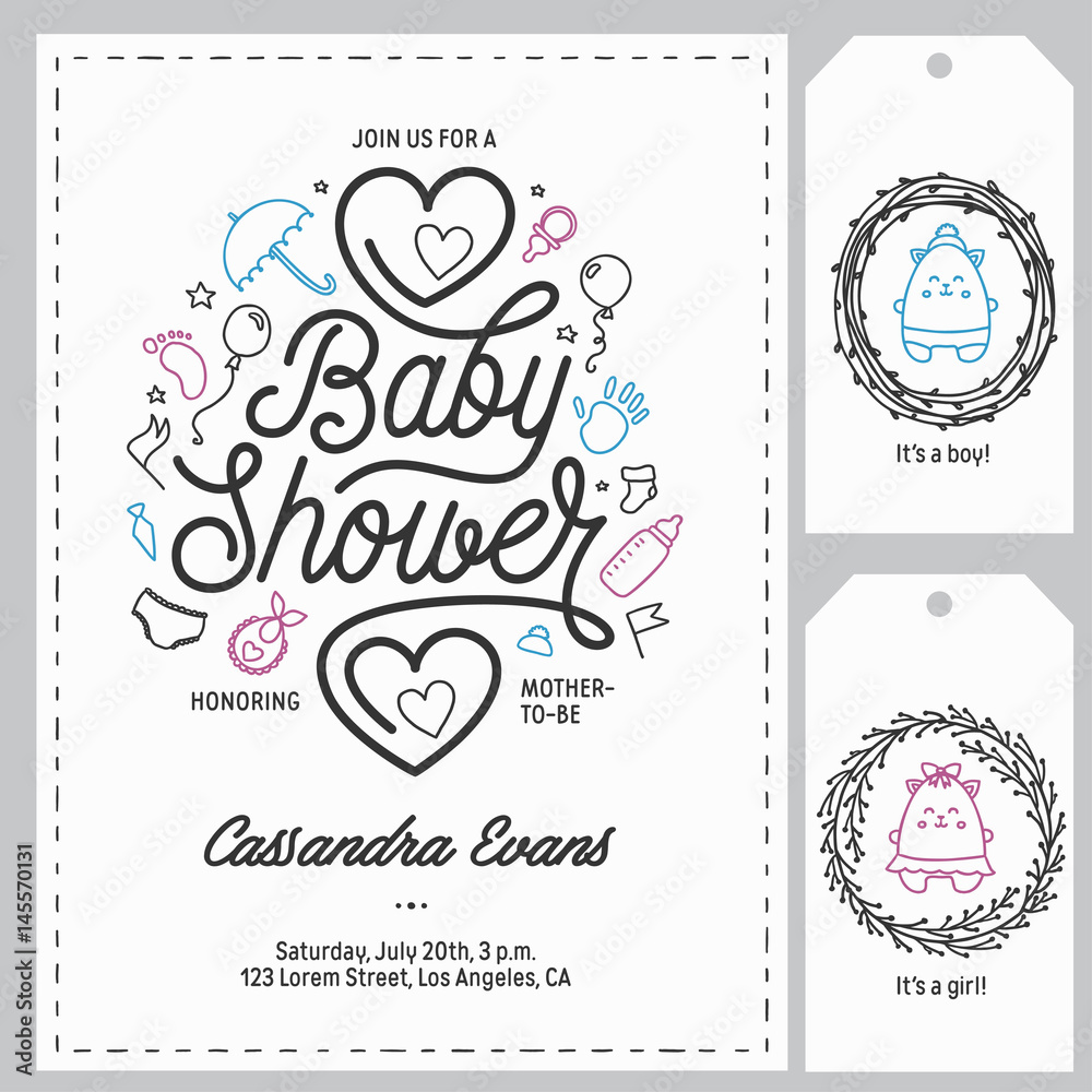Baby shower invitation templates set. Hand drawn vintage illustration.