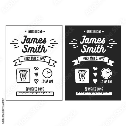 Hand drawn birth announcement. Vector vintage illustration.