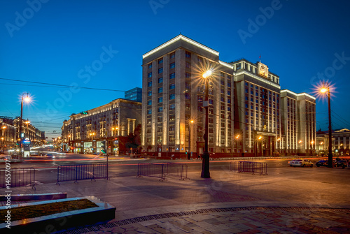 Night view of State Duma of the Russian Federation and Tverskaya street