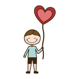 colorful caricature of smiling kid with t-shirt and short pants with balloon in shape of heart vector illustration