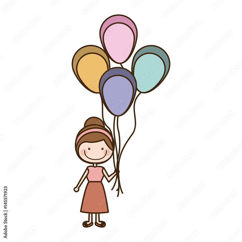 colorful caricature of smiling girl with dress and many balloons vector illustration colorful caricature of smiling girl with dress and many balloons vector illustration