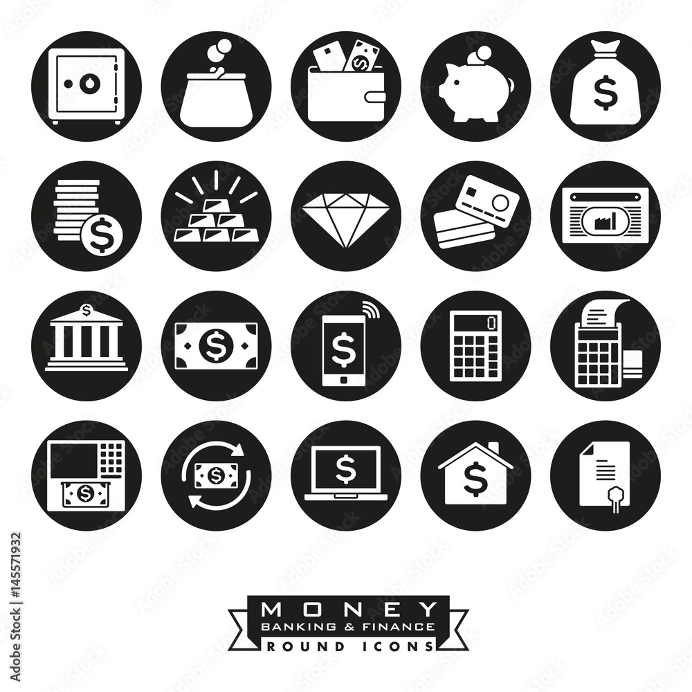 Money, banking and finance round icon set Money, banking and finance round icon set