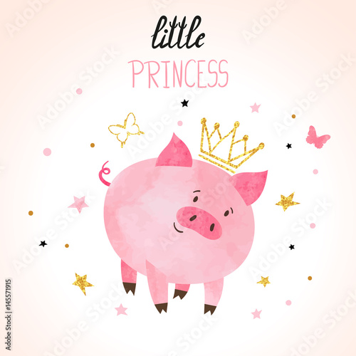 Little princess pig vector illustration. Cute watercolor piggy.