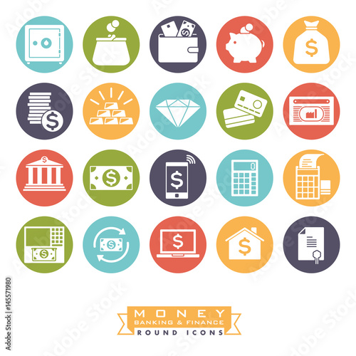 Money, banking and finance round color icon set