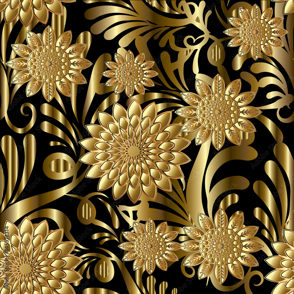 Gold flowers seamless pattern. Modern floral black background wallpaper