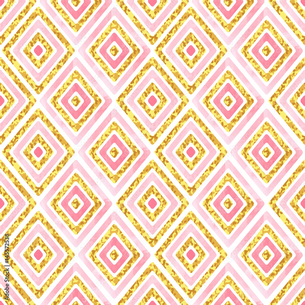 Seamless geometric pattern in pink and golden colors. Watercolor vector tribal texture. Vintage ethnic striped background.