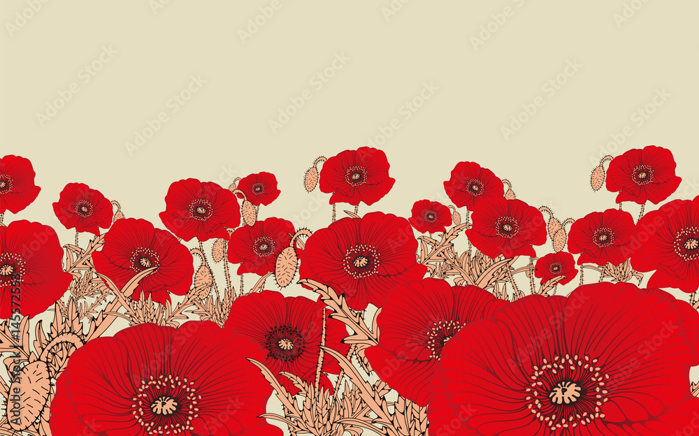 Fototapeta stylizowane pole kwiatów maku w odcieniach czerwieni i kości słoniowej
