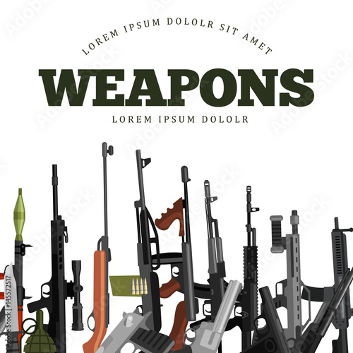 military gun set, automatic and hand weapon in magazine barrel with bullets for protection shoting or war collection, handgun for hunting equipment, ammunition background vector illustration