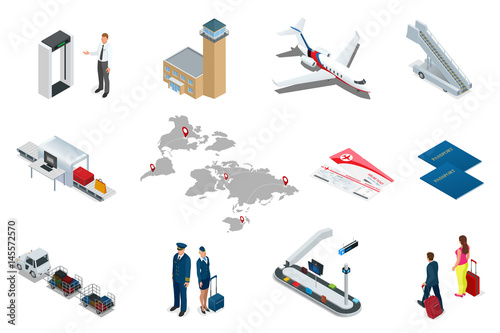 Isometric Airport Travel and transport Icons. Isolated people, airport terminal, airplane, traveler man and woman, airport runway, plane, runway, airport security.