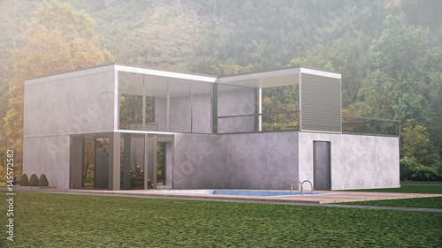 Modern House in Mountains Landscape in Minimalistic Desing. 3D Rendering