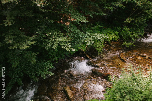 Beautiful landscape. The mountain river. Stones in a mountain river. Mountains of the Carpathians
