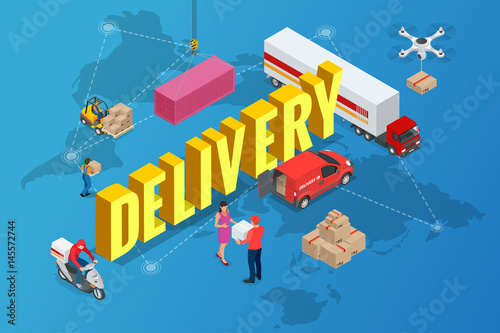 Isometric delivery concept. Delivery of goods from anywhere in the world home.